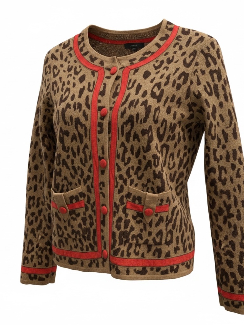J Crew Leopard Print Cardigan Sweater Jacket with Red Trim 100% Merino Wool
